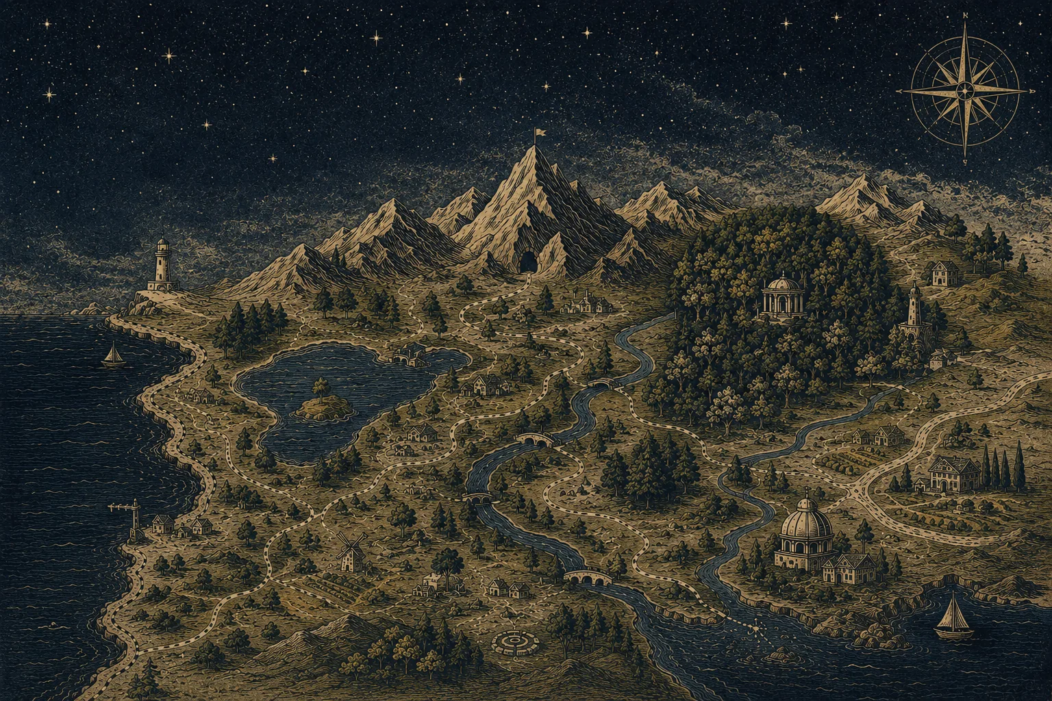 Illustrated atlas of Aysha Samrin's work — a starlit map with mountains, forest, river, and villages